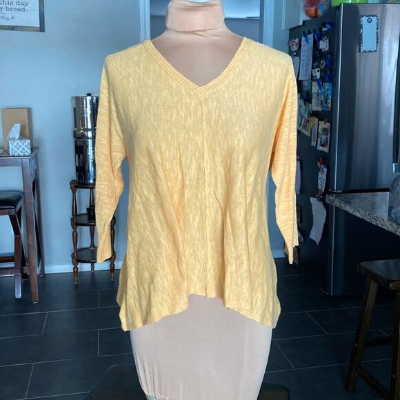 Eileen Fisher women’s tangerine peach linen blend shark bite 3/4 sleeve sweater - Picture 7 of 7